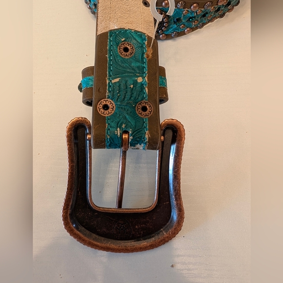 Ariat Womens Turquoise Brown Tooled Leather Western Studded Belt Large - Picture 4 of 9